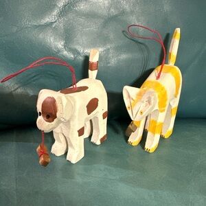 Vtg Silvestri Carved Wooden Brown Spotted Dog striped Cat Hand Painted Ornaments